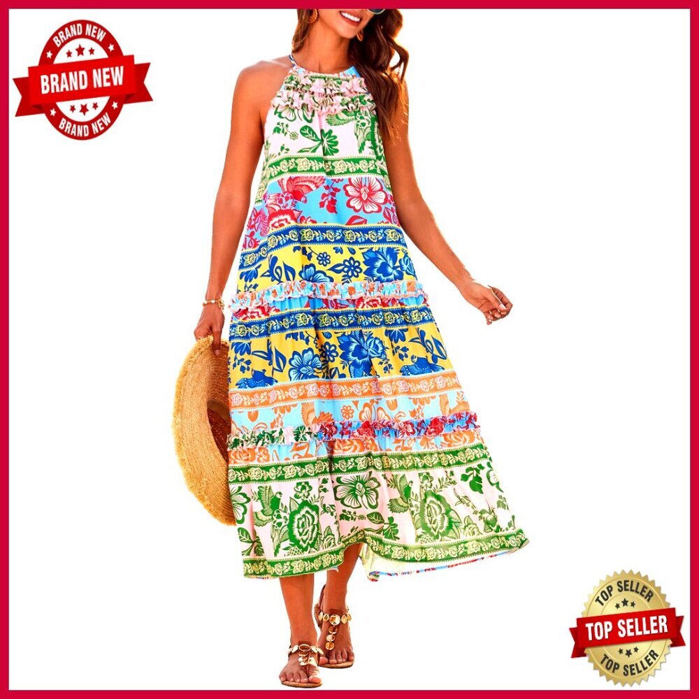 Boho Maxi Dress Flowy Halter Tiered Ruffle Summer Casual Beach Vacation Wear